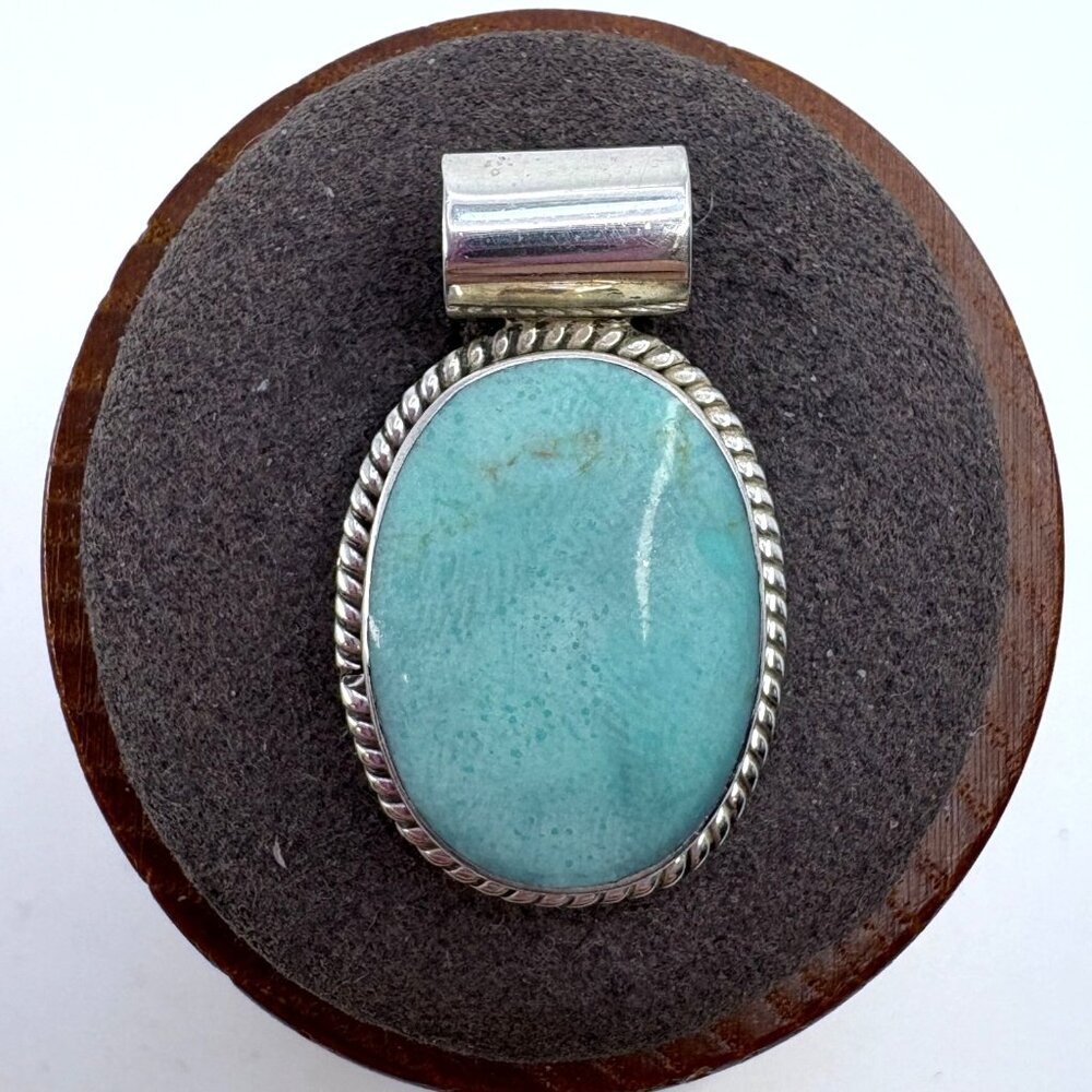 Turquoise Bezel Set Pendant VTG Solid Sterling Silver 925 Size 1.25" Length